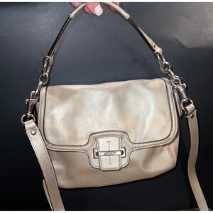 Coach Champagne Metallic Leather Taylor Flap Crossbody Purse